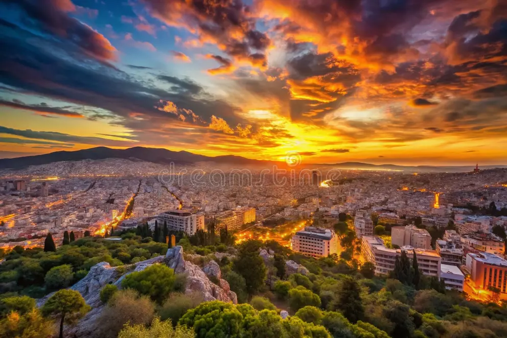 Stunning Sunset View Of The Acropolis And Parthenon From Filopappou Hill In Athens With Warm Orange And Pink Sky